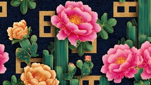 中式牡丹几何图案背景图