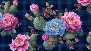 蓝底仙人掌与花卉图案