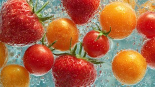 草莓小番茄在水中的清新画面