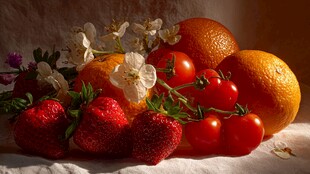 多彩鲜果与花卉静物组合