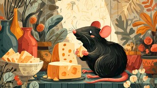 黑鼠享美食的温馨静物画