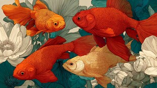 金鱼嬉戏于荷花莲叶间