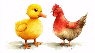 小黄鸭与红公鸡的对视