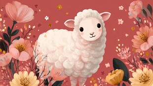 可爱绵羊置身缤纷花丛中