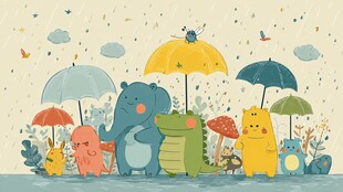 雨中萌趣动物共撑伞场景