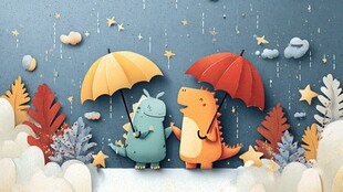 雨中萌恐龙撑伞温馨时刻