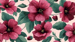 深红花卉绿叶无缝图案