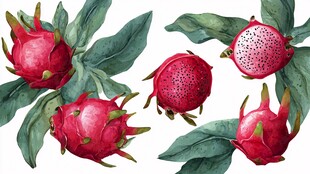 水彩绘火龙果与绿叶