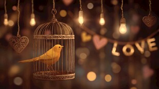 笼中黄鸟与浪漫灯光氛围