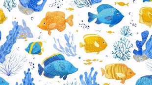 海洋鱼类与珊瑚水彩图案