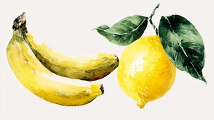 水彩画中的香蕉与柠檬