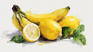 水彩画中的香蕉与柠檬