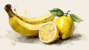 水彩绘香蕉柠檬静物图