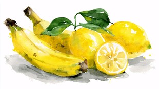 水彩绘香蕉柠檬水果图