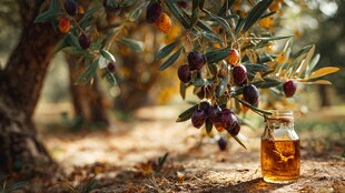 橄榄树旁的橄榄油瓶