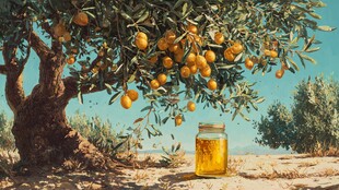 树下金果旁的蜂蜜罐