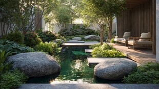 庭院中的静谧水景与绿植