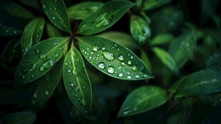 雨后绿叶上的晶莹水珠