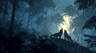 月夜森林中的双狼对月长嚎