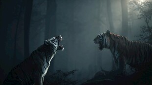 双虎对峙于幽森山林间