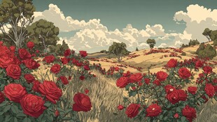 玫瑰盛放的旷野田园风光