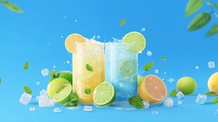 清新双杯果汁与水果冰块