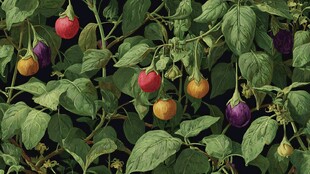 多彩灯笼椒挂于绿叶间