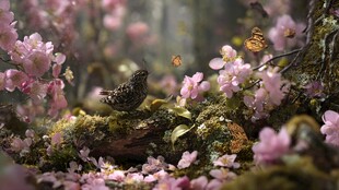 春日林间花鸟静谧景致