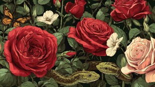 玫瑰丛中的蜥蜴与蝴蝶