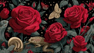 红玫瑰与神秘动物插画