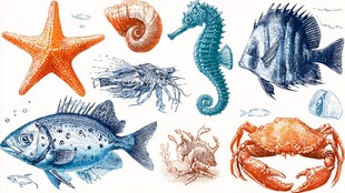 海洋生物手绘插画集合