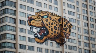 高楼外墙上的豹子艺术画