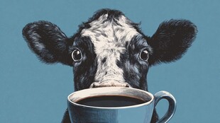 萌趣小牛喝咖啡瞬间