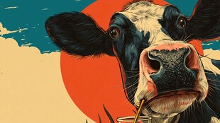 奶牛惬意喝饮料插画