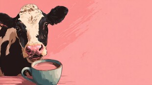 奶牛饮粉杯中的粉色饮品