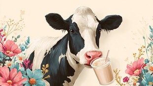 奶牛惬意享用美味奶昔