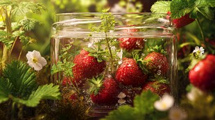 玻璃罐中的新鲜草莓与绿植