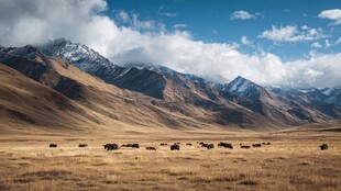 草原雪山下的牧群风光