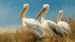 三只鹈鹕伫立草地海边