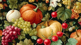 丰收景象 瓜果与绿叶交织