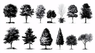 多样树木黑白剪影集合