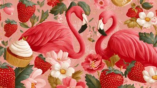 粉色火烈鸟与草莓花卉图案