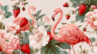 火烈鸟与花卉草莓的梦幻图景