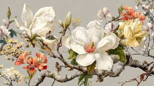 复古风玉兰花枝插画