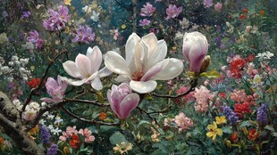 玉兰花绽于缤纷花海中