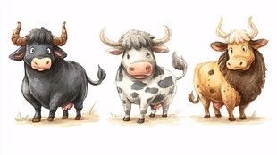 三头可爱的卡通牛形象