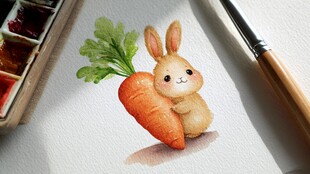 可爱小兔抱萝卜水彩画