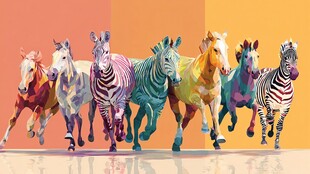 色彩斑斓斑马群活力奔跑