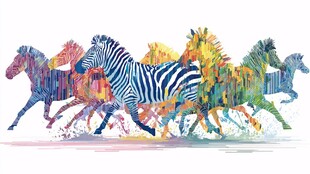 彩色斑马群奔腾画面