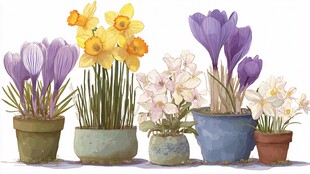 多彩盆栽花卉静物插画